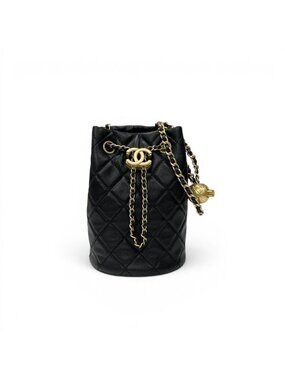 Chanel Shoulder Bag Black Gold CC Logo Chain Back Drawstring